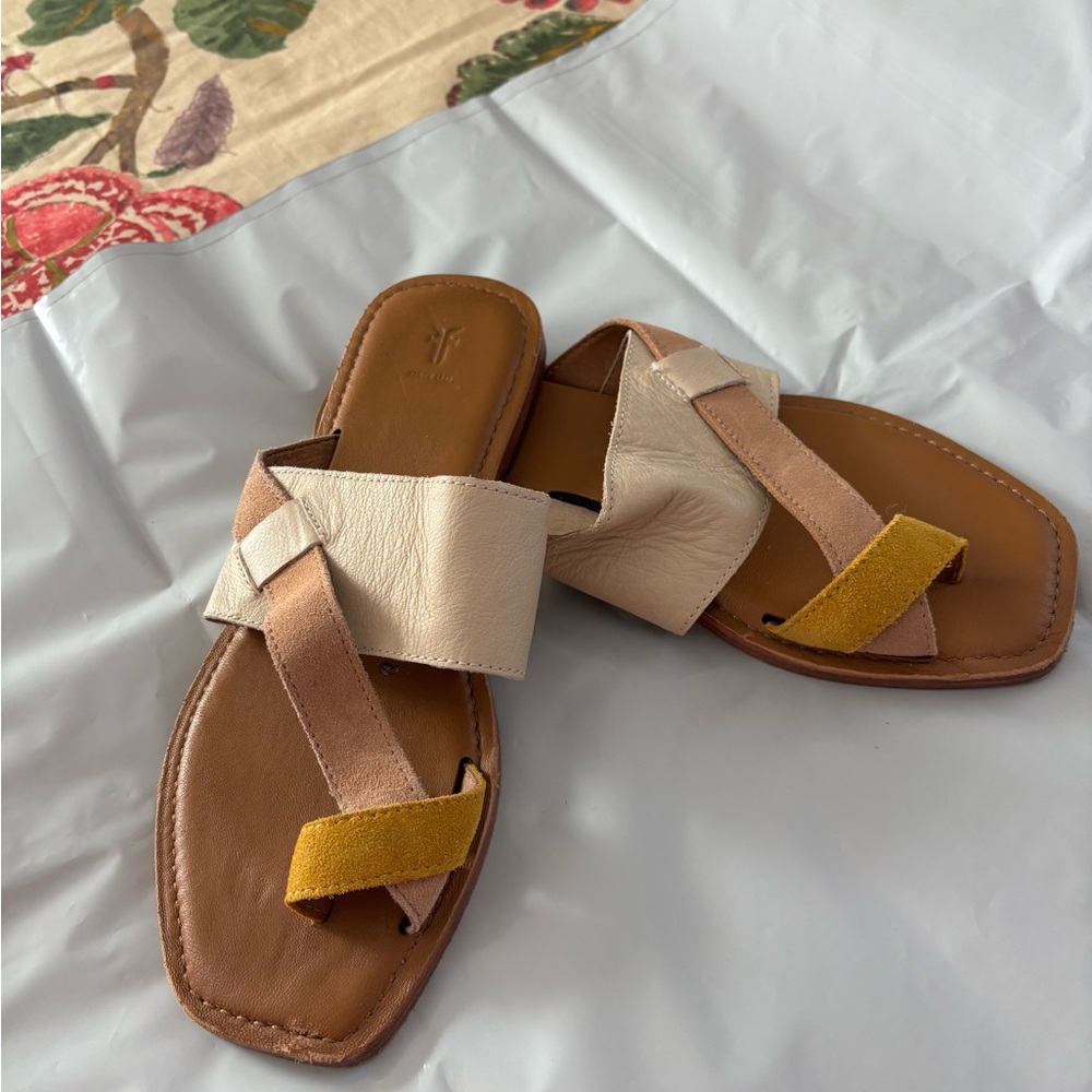 Frye Women's Multi-Panel Slide Sandals in Tan, Cream & Mustard